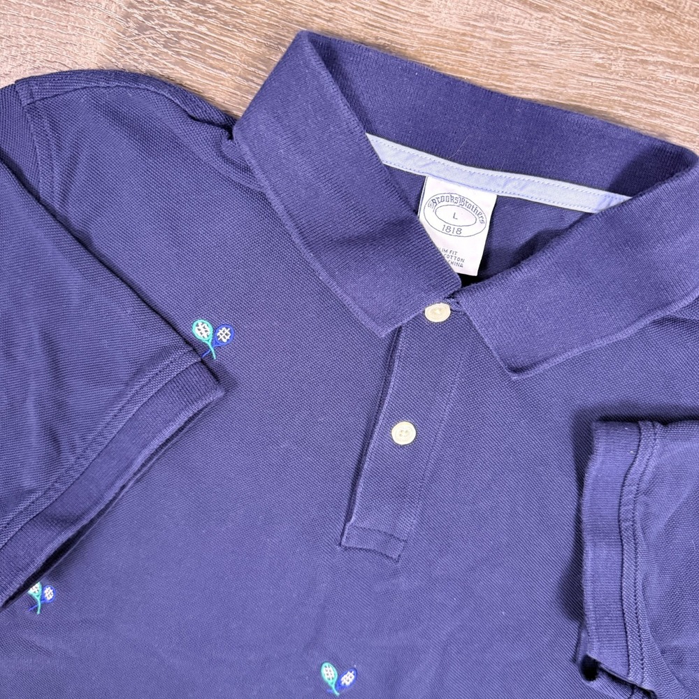 Brooks Brothers Men's Polo Shirt Large Slim Fit AOP Tennis Summer Clean EUC
